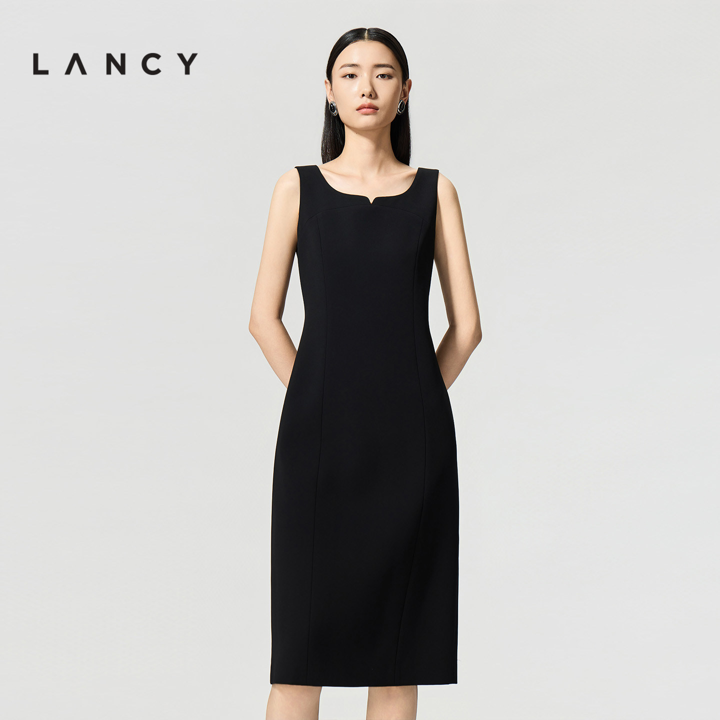 【醋酸】LANCY/朗姿26夏季新款商务通勤无袖背心中长款气质连衣裙