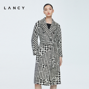 LANCY 羊毛大衣女千鸟格纹收腰显瘦翻领外套女 新款 朗姿2022冬季