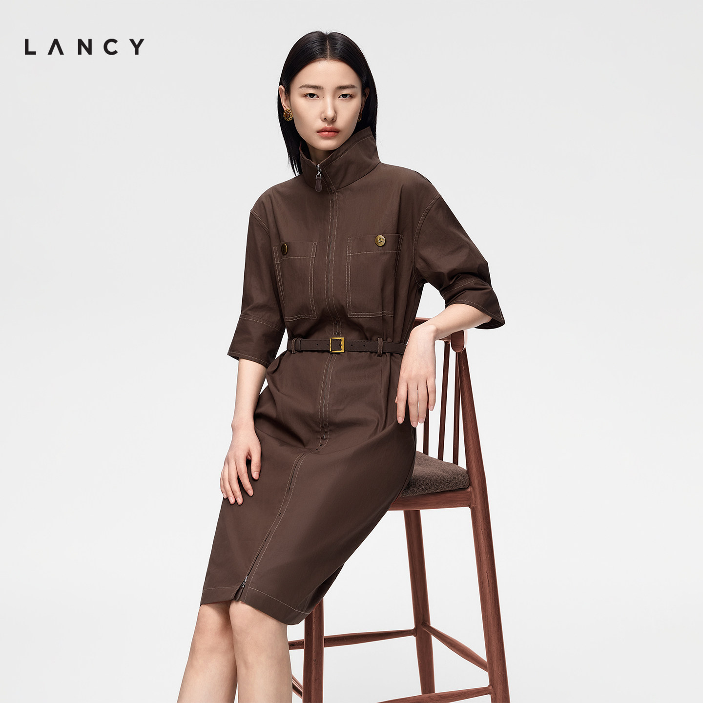 【纯棉】LANCY/朗姿2026年冬季新款立领拉链收腰衬衫连衣裙短袖女