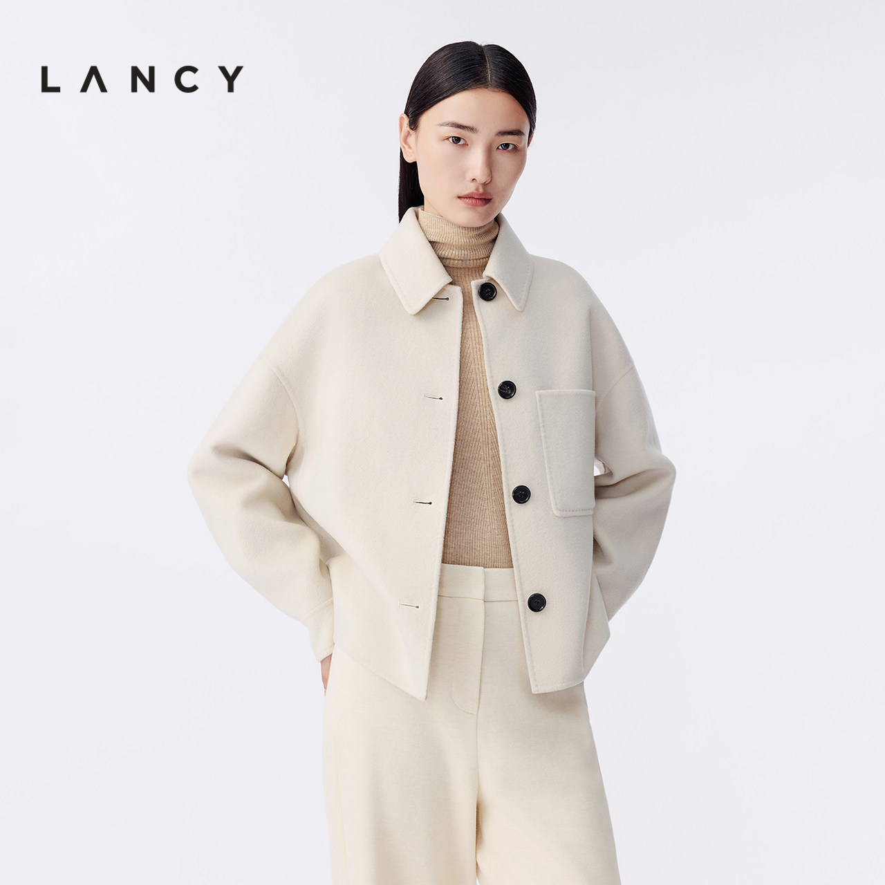 【羊毛羊绒】LANCY/朗姿2025冬新简约双面呢翻领短大衣夹克外套女
