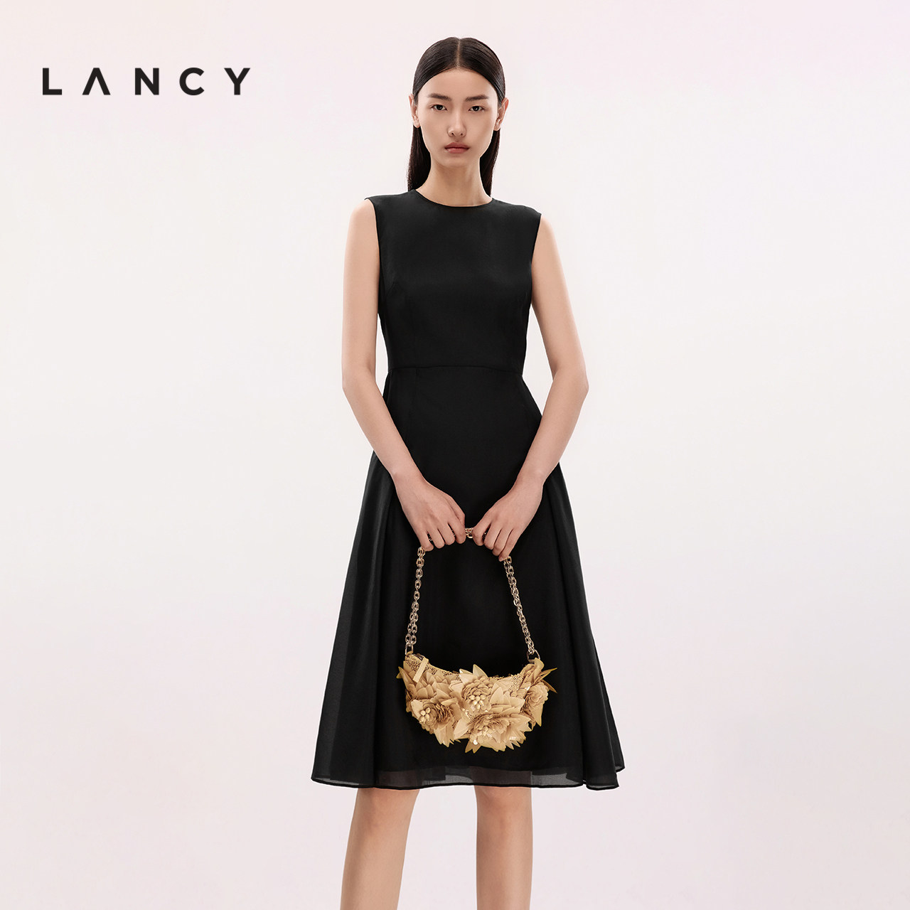 LANCY/朗姿夏季法式气质黑色无袖A字收腰中长款高端薄纱连衣裙女