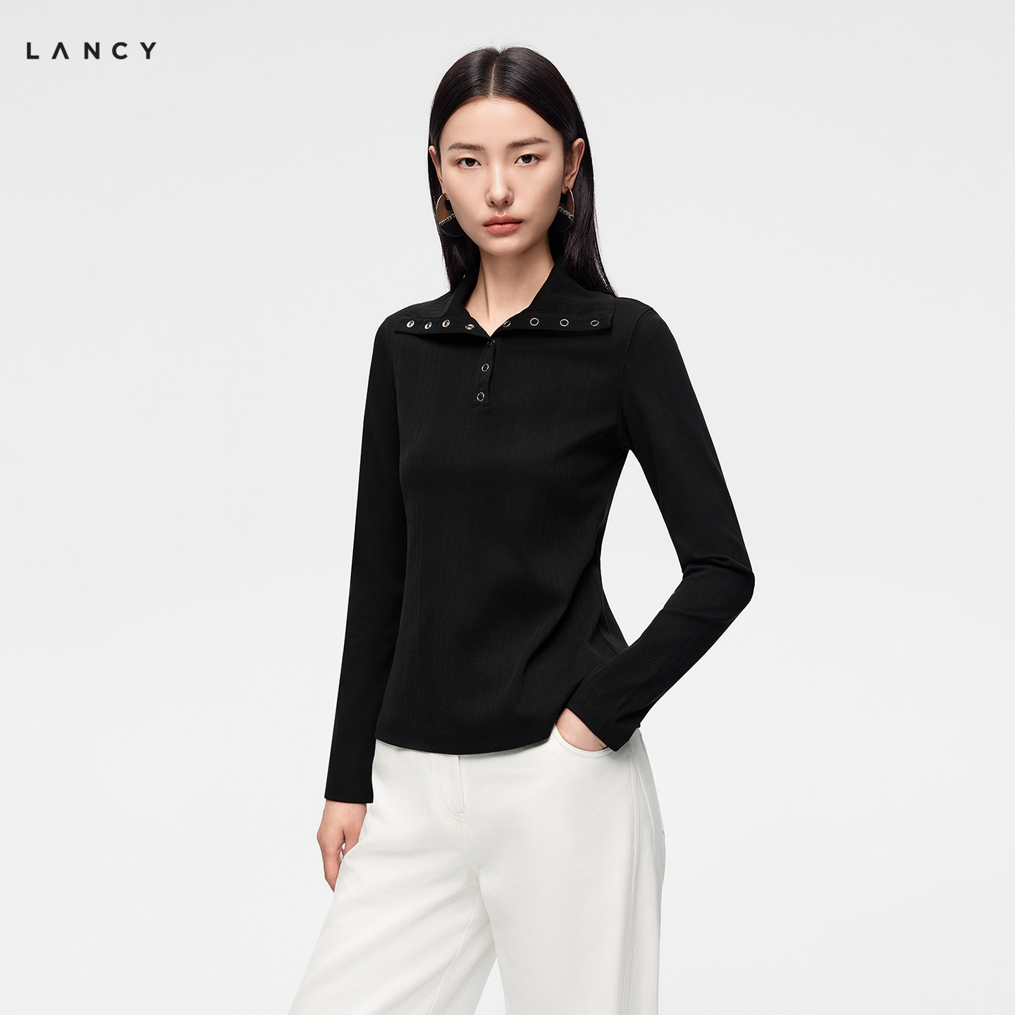 LANCY/朗姿2026冬季新款简约时尚修身大翻领半开襟长袖针织上衣秋