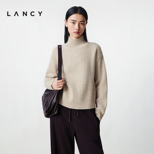 简约高领针织衫 朗姿2025冬新款 LANCY 百搭柳条纹毛衣女 纯羊毛