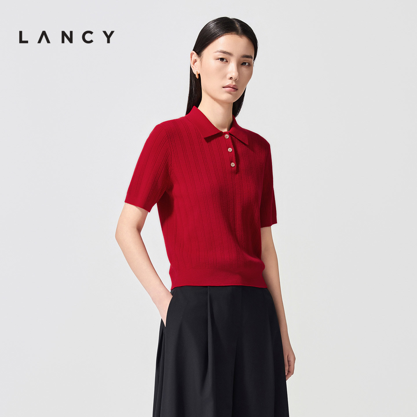【纯羊毛】LANCY/朗姿2026春新款气质复古POLO领竖条纹短袖针织衫,女装/女士精品,毛针织衫,淘宝优惠券,粉丝福利购,淘宝优惠卷