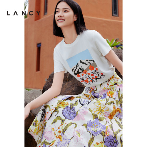 LANCY/朗姿2024夏季新款花卉印花棉质t恤女时尚百搭短袖上衣