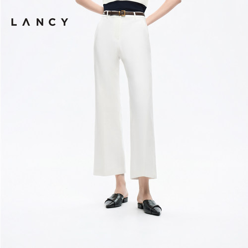 LANCY/朗姿2026夏季新款棉百搭通勤微喇裤高腰显瘦薄款白色西装裤