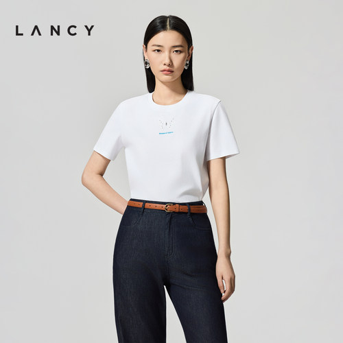 LANCY/朗姿2026夏季新款简约百搭正肩显瘦气质白色短袖T恤上衣女