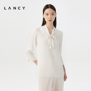 喇叭袖 真丝白色衬衫 新款 LANCY V领通勤透气衬衣女装 朗姿2023夏季