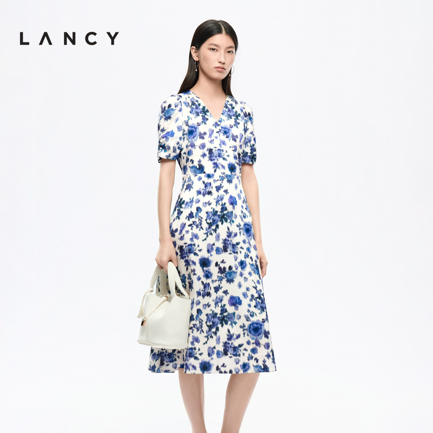 【桑蚕丝】LANCY/朗姿2026夏季新款法式V领收腰碎花裙短袖连衣裙