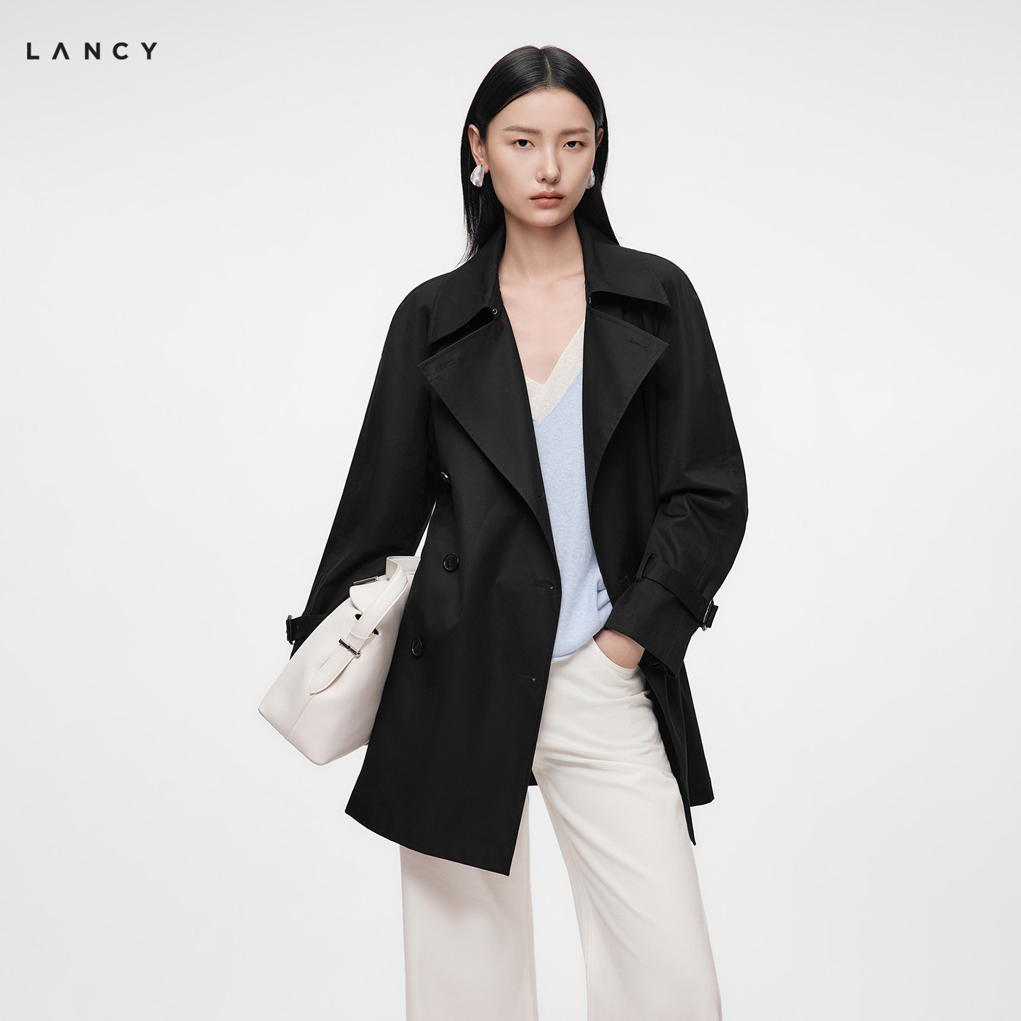 【纯棉】LANCY/朗姿2026冬季新款黑色优雅气质翻领双排扣风衣女图片