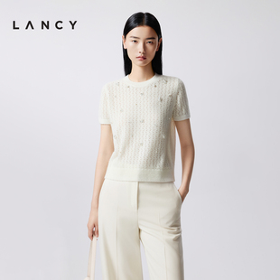 朗姿2025年秋新款 镂空短袖 LANCY 法式 设计感上衣 针织衫 女圆领短款