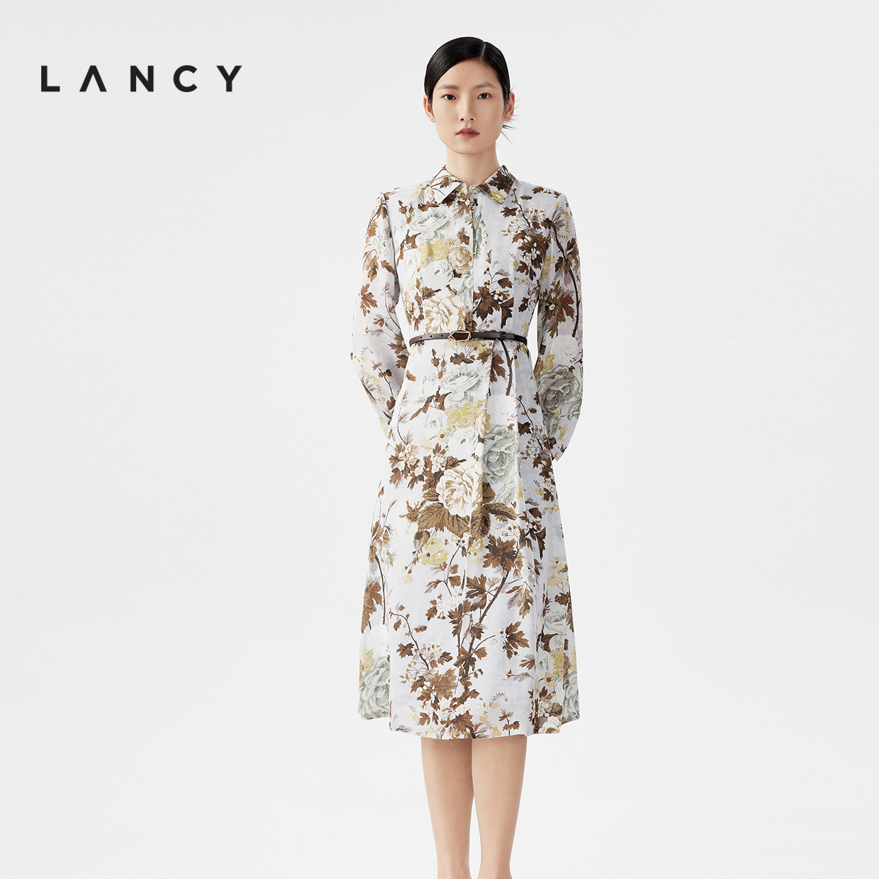 LANCY/朗姿2023秋冬新款印花桑蚕丝连衣裙女中长款收腰气质中国风