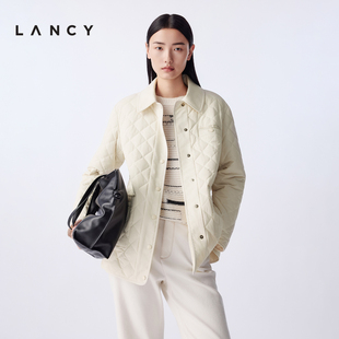 LANCY 气质简约菱格棉服短外套女百搭白色翻领棉衣 朗姿2025冬新款