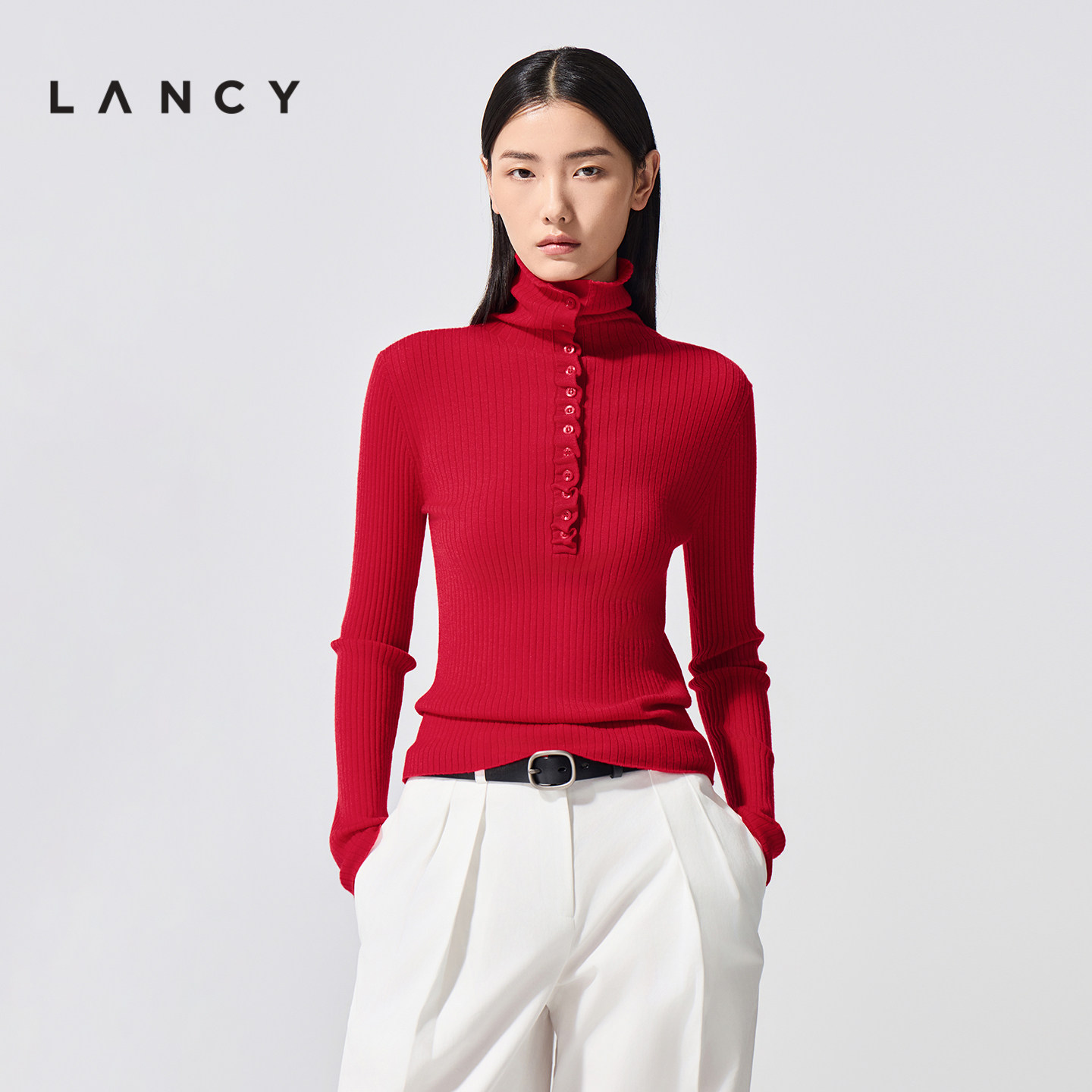【马踏春风】LANCY/朗姿2026春新款纯羊毛高领修身木耳边针织衫女,女装/女士精品,毛针织衫,淘宝优惠券,粉丝福利购,淘宝优惠卷