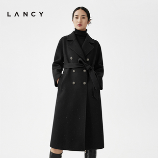 朗姿2023秋冬新款 羊毛羊绒大衣女法式 黑色经典 LANCY 长款 毛呢外套