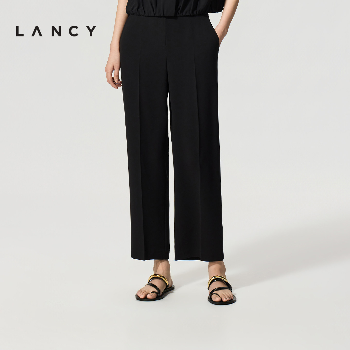 【三醋酸】LANCY/朗姿26夏季新款高腰简约窄板直筒黑色九分西裤裤