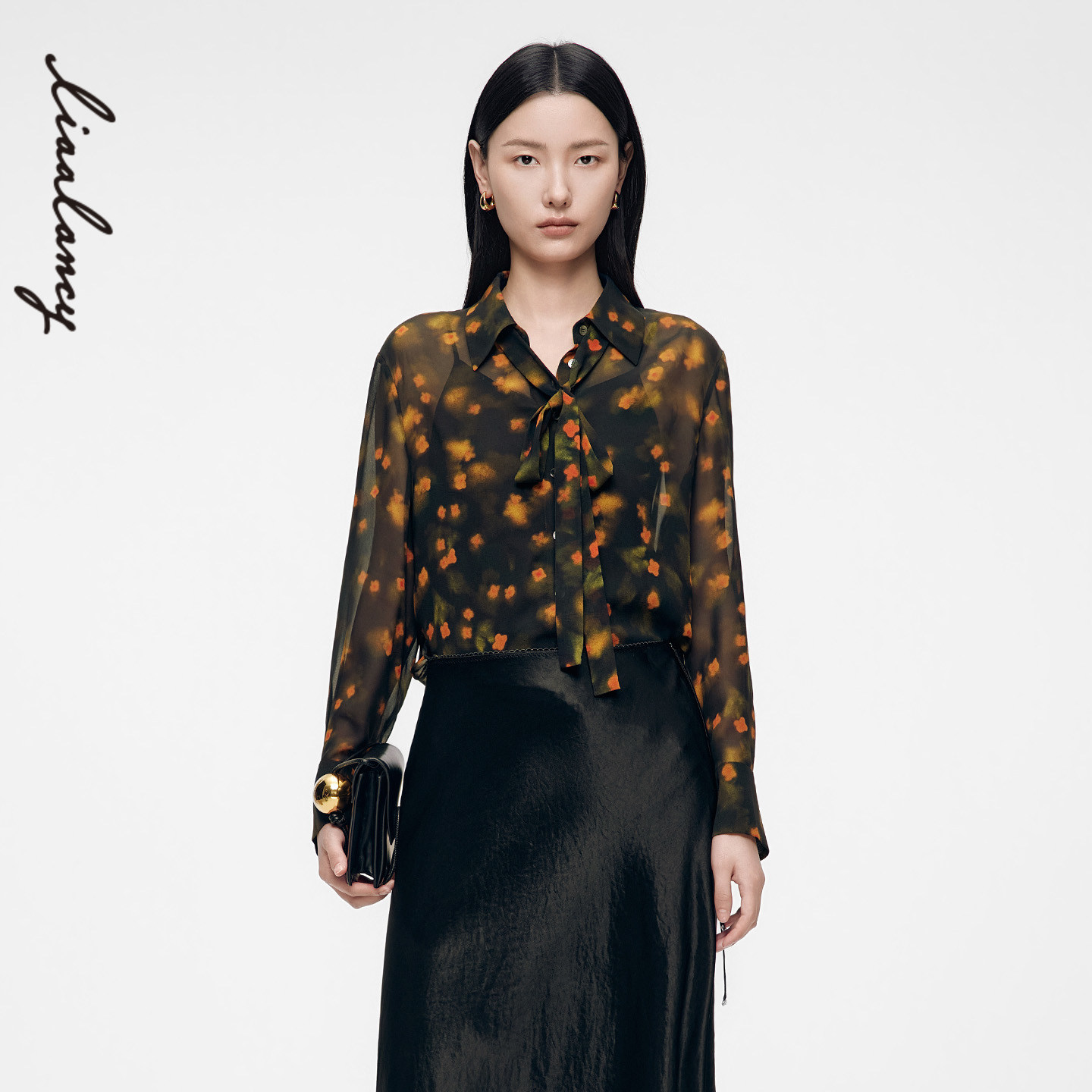 【桑蚕丝】LANCY/朗姿2026年秋季新款法式飘带印花衬衫女轻薄上衣图片