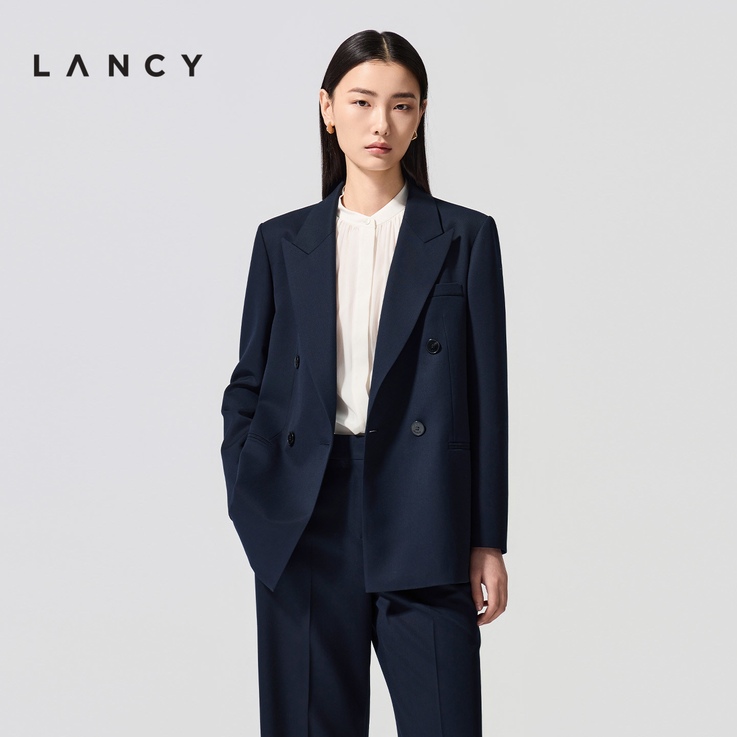 【纯羊毛】LANCY/朗姿2026春新款职业戗驳领西装外套直筒西裤套装