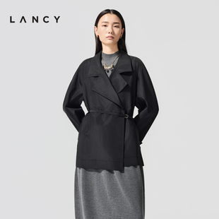 LANCY/朗姿2026春季新款高级感通勤翻领桑蚕丝气质短款风衣外套女