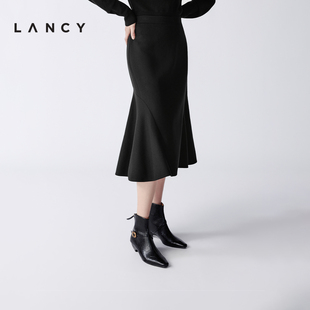 新款 朗姿2025冬季 LANCY 气质通勤鱼尾裙垂感黑色半身裙女 羊毛