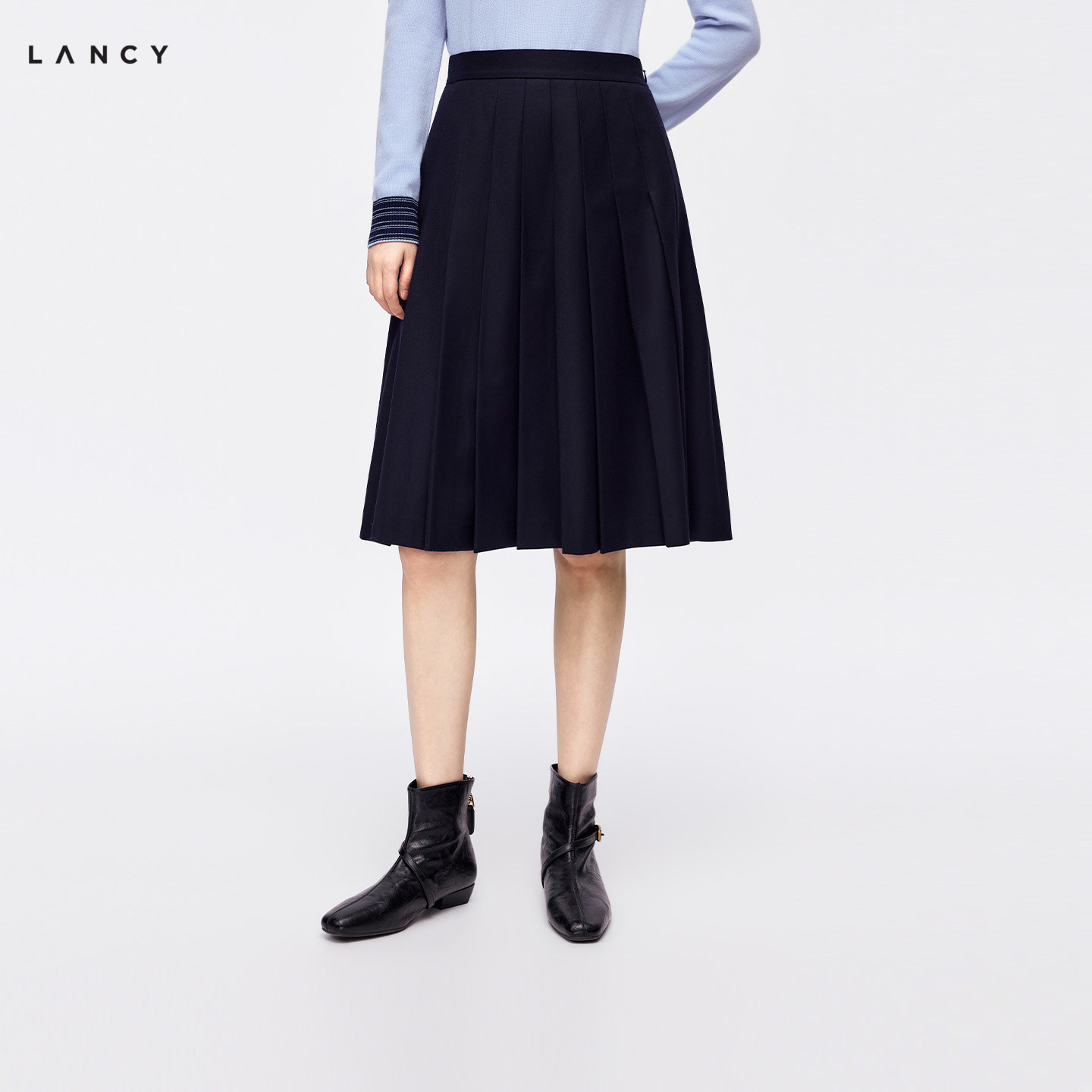 【羊毛羊绒】LANCY/朗姿2026年冬季新款深藏青百褶羊毛半身裙女