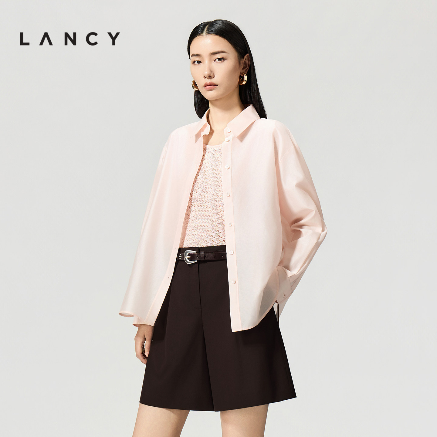 【桑蚕丝棉】LANCY/朗姿2026夏季新款气质淡粉色高级感轻薄衬衫女