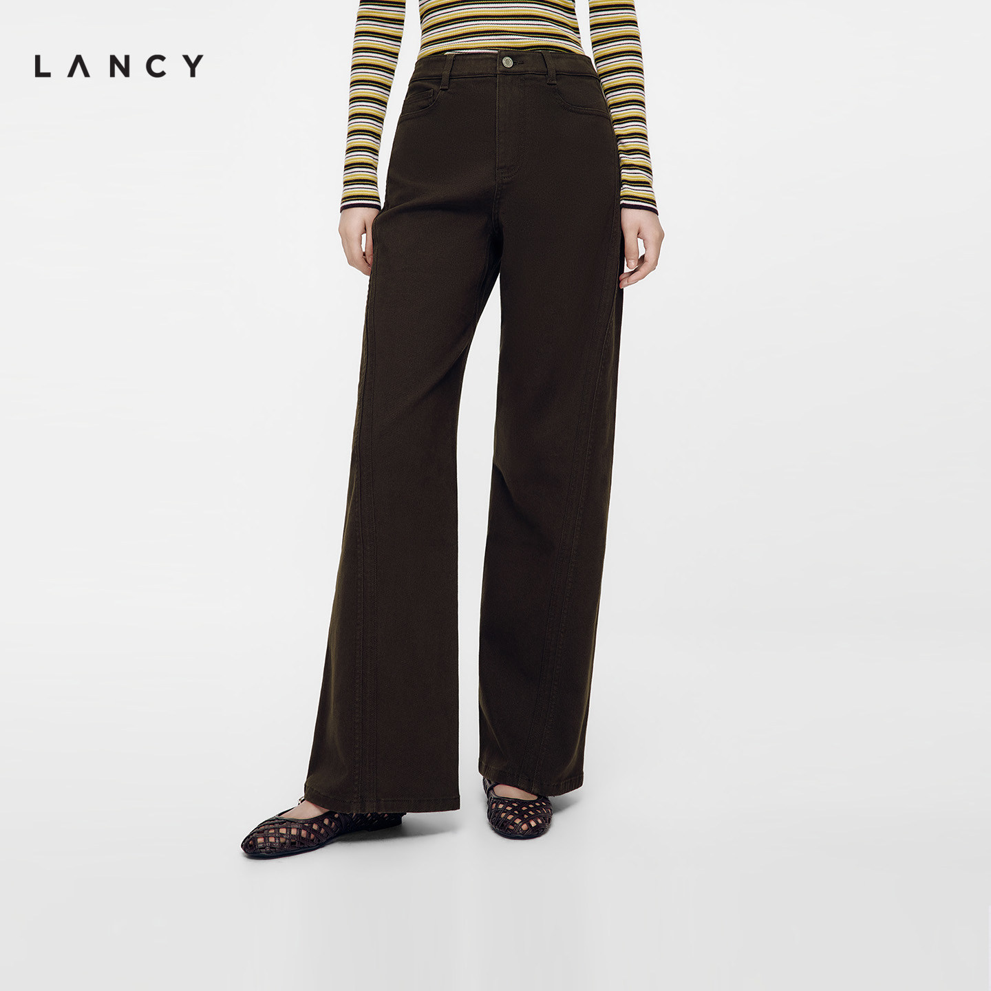 LANCY/朗姿2026年秋季新款时尚复古阔腿弯刀裤高腰显瘦牛仔裤子女