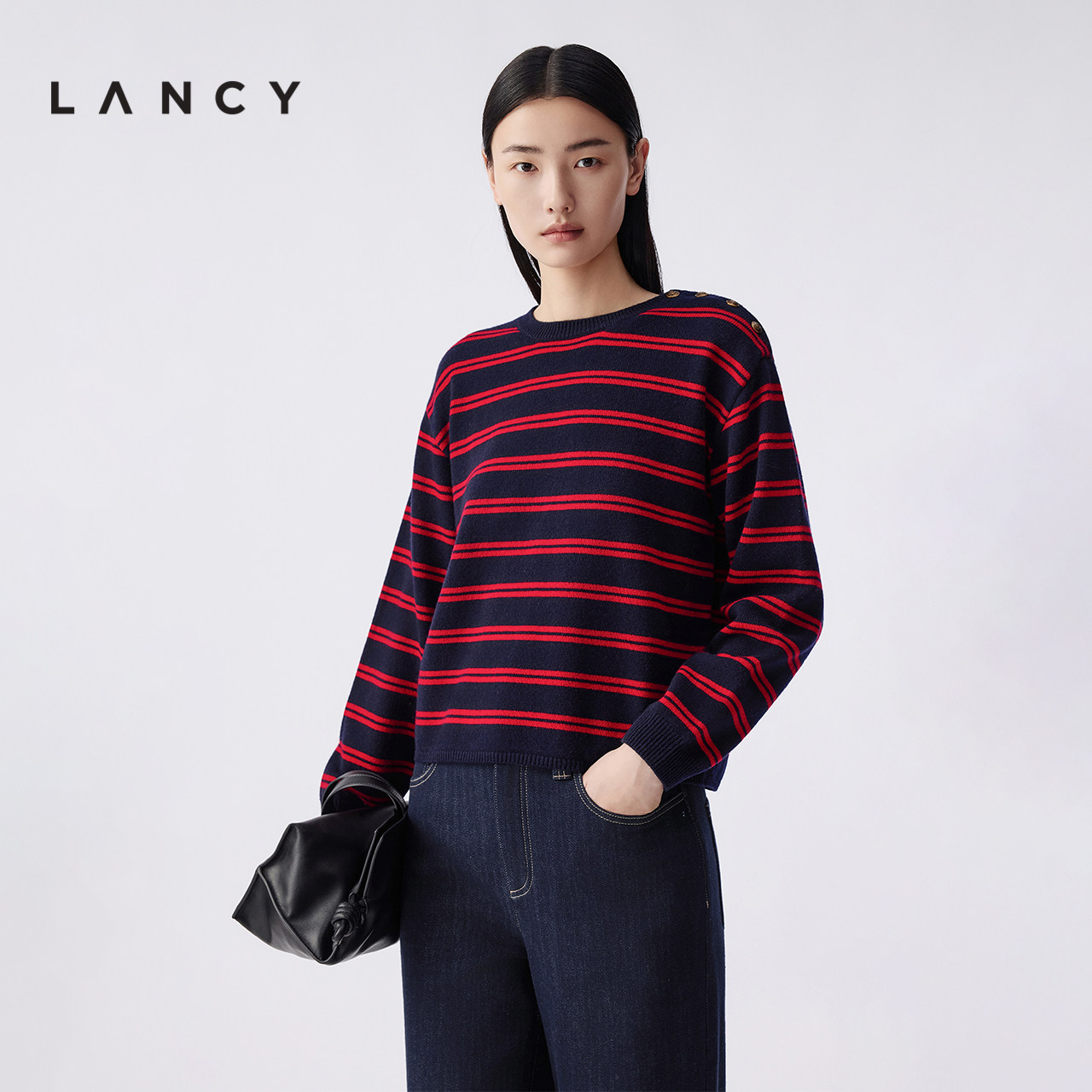 【纯羊毛】LANCY/朗姿2025冬新款休闲撞色条纹针织衫女圆领短上衣,女装/女士精品,毛针织衫,淘宝优惠券,粉丝福利购,淘宝优惠卷