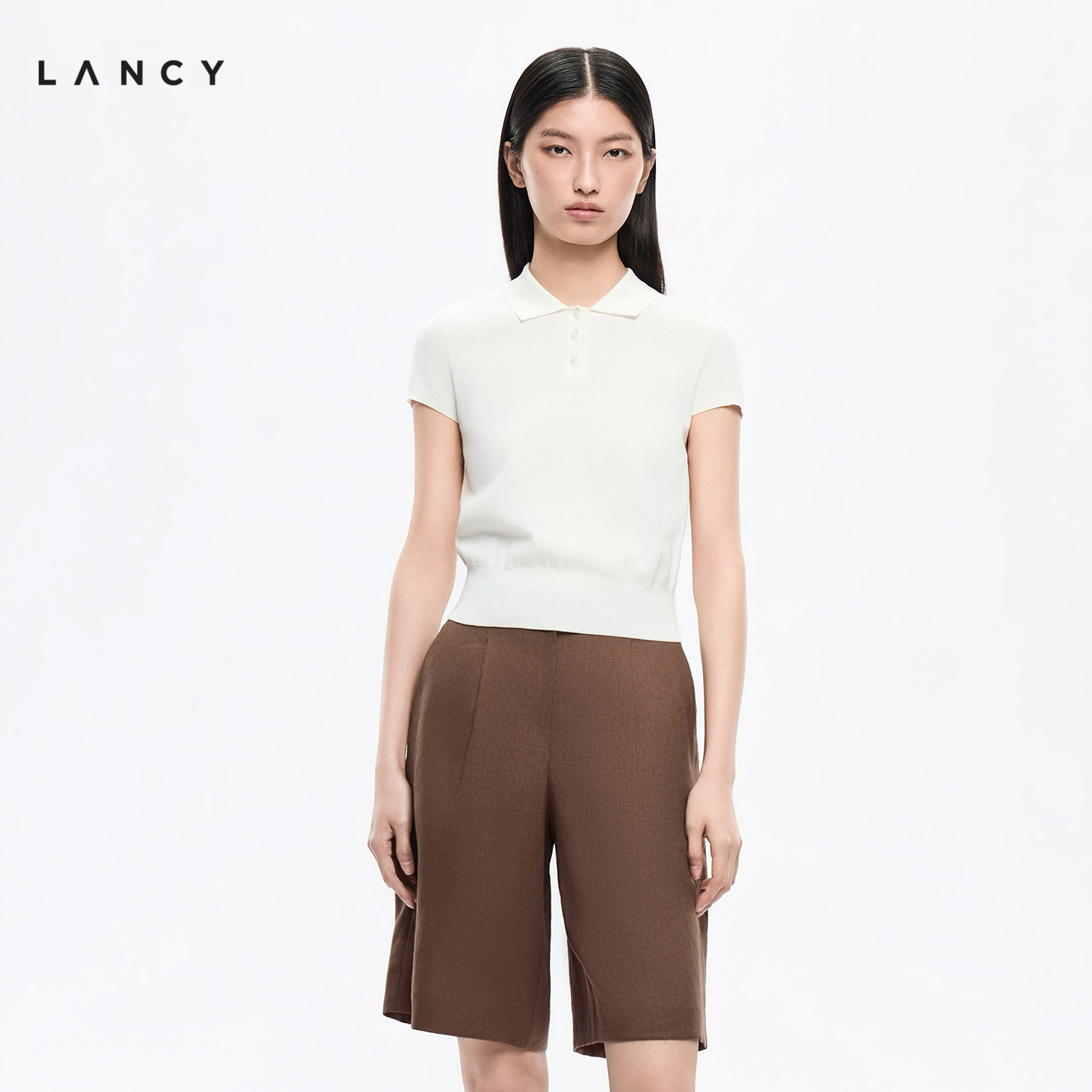 LANCY/朗姿2026夏季新款时尚POLO领修身短款针织衫短袖上衣T恤女图片