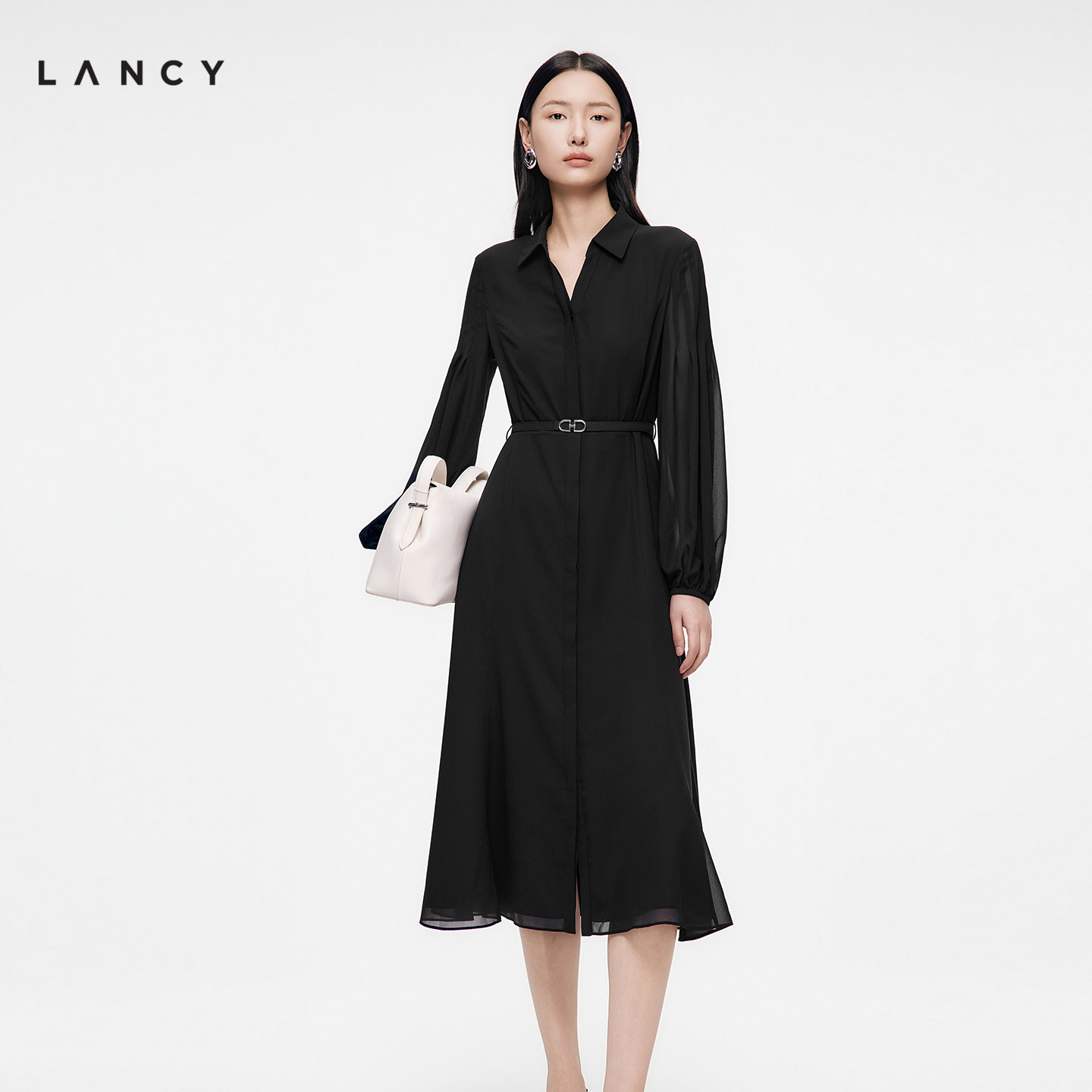 LANCY/朗姿2026年秋新款优雅气质V领灯笼袖收腰高级感衬衫连衣裙图片