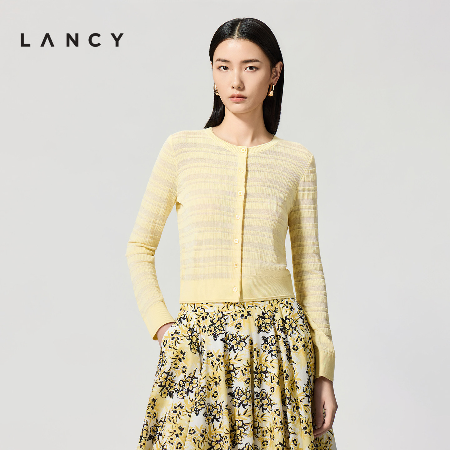 【秀场同款】LANCY/朗姿2026夏新款醋酸棉气质短款轻薄针织开衫女