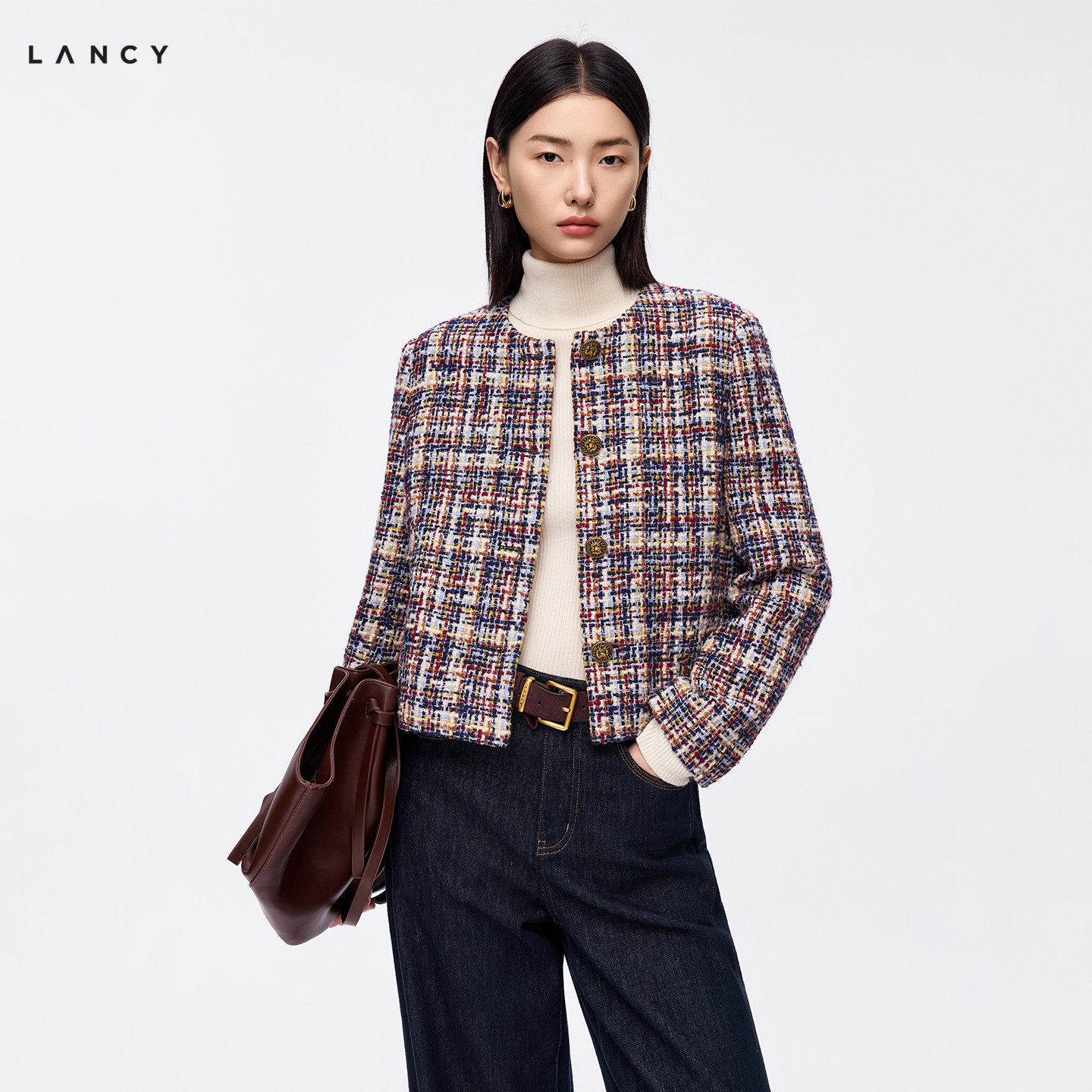 【羊毛羊绒】LANCY/朗姿2026冬季新款复古粗花呢小香风短外套女秋图片