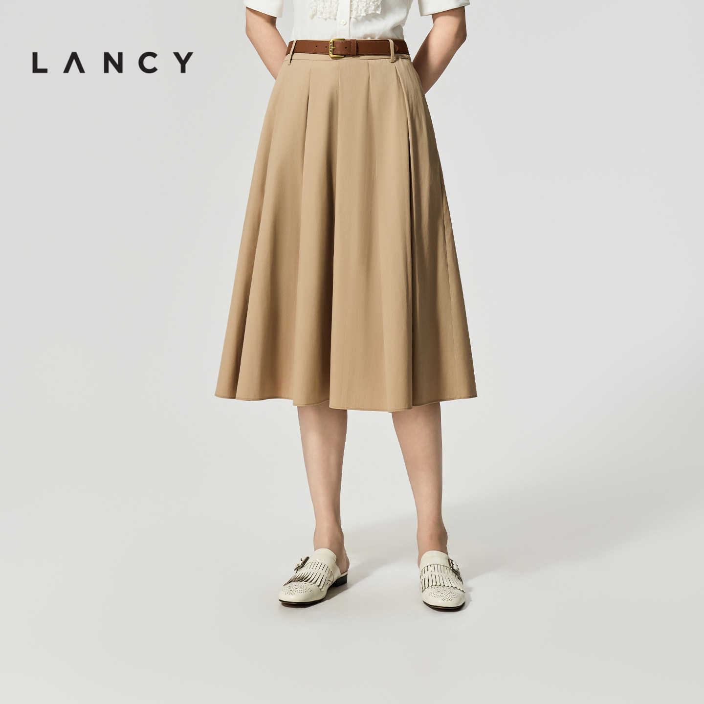 LANCY/朗姿2026夏季新款棉气质显瘦高腰A字百褶伞摆裙中长半身裙