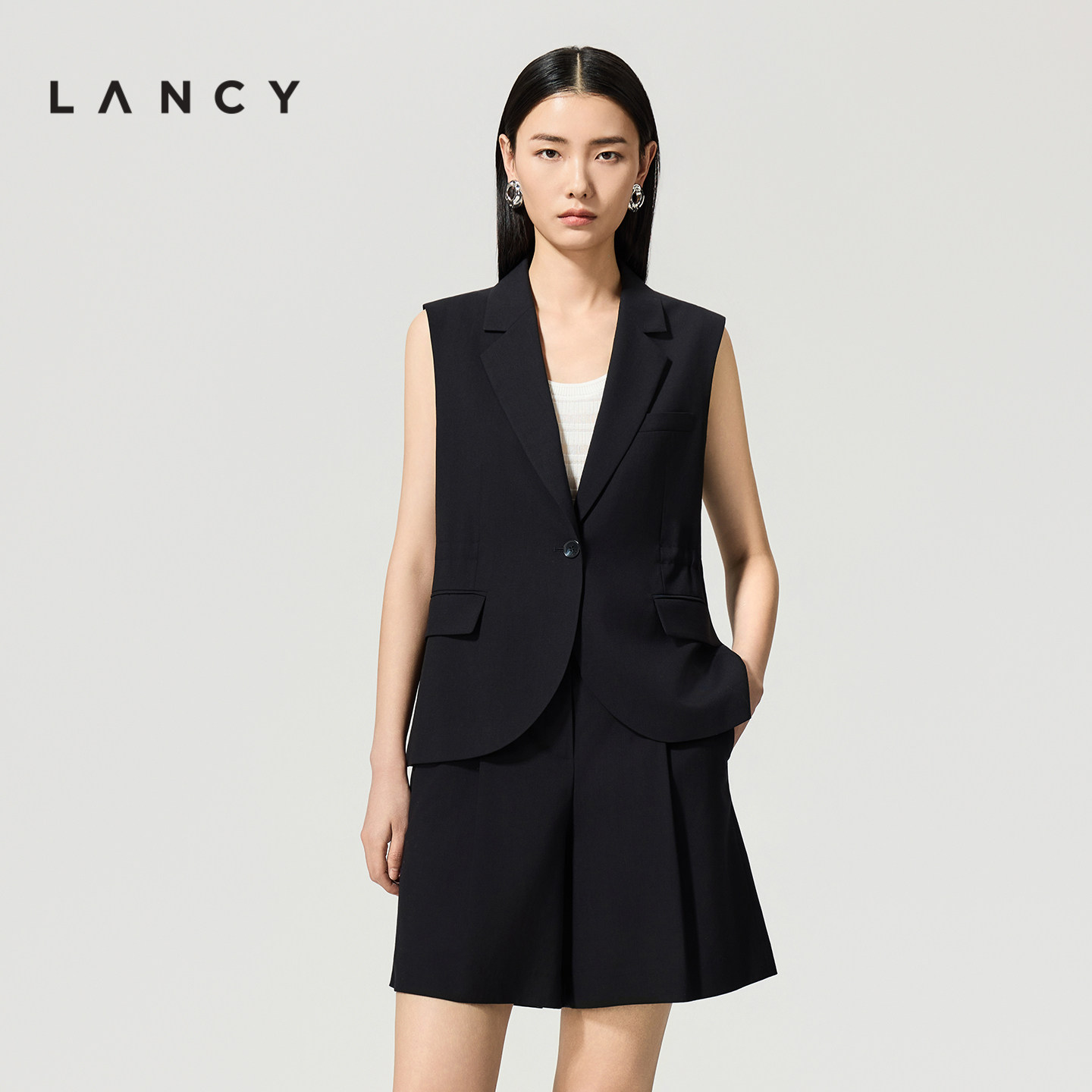 【轻薄羊毛】LANCY/朗姿2026夏季新款气质通勤黑色西装马甲上衣女