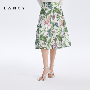 LANCY/朗姿女装2023夏季新款高腰显瘦A字裙子女中长款印花半身裙