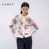 高级感花卉印花针织开衫 LANCY 朗姿2025春新款 羊毛羊绒圆领上衣女