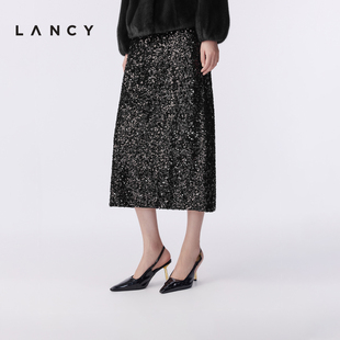 高级感重工亮片直筒裙时尚 新款 开衩黑色半身裙 朗姿2025冬季 LANCY