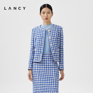 蓝色格纹小香风短款 LANCY 新款 朗姿2024春季 棉质外套女高级感套装