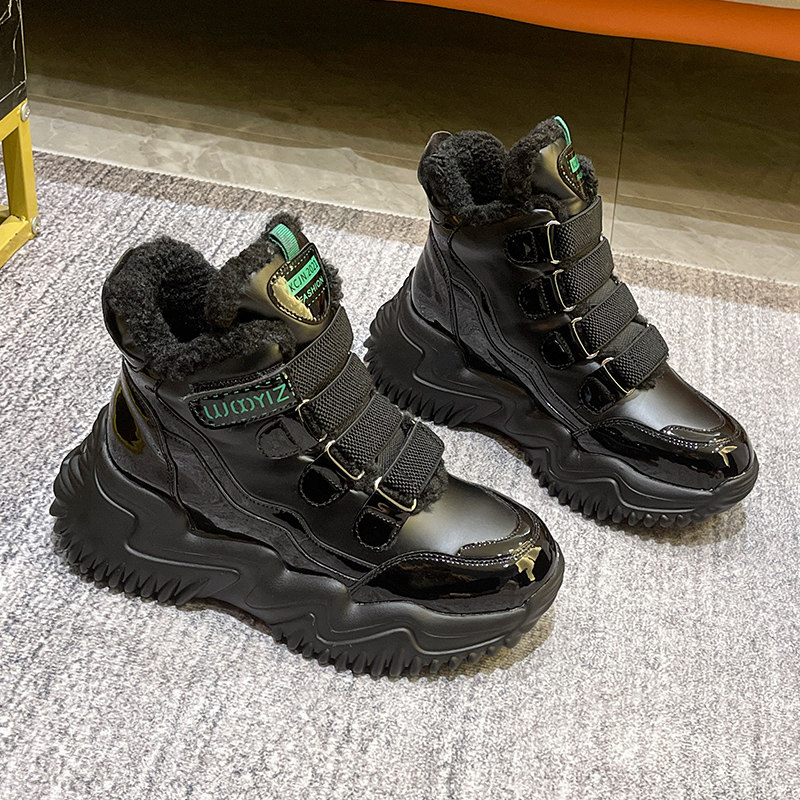漆皮雪地靴女2023年冬季加绒保暖大棉鞋高帮时尚魔术贴运动老爹鞋