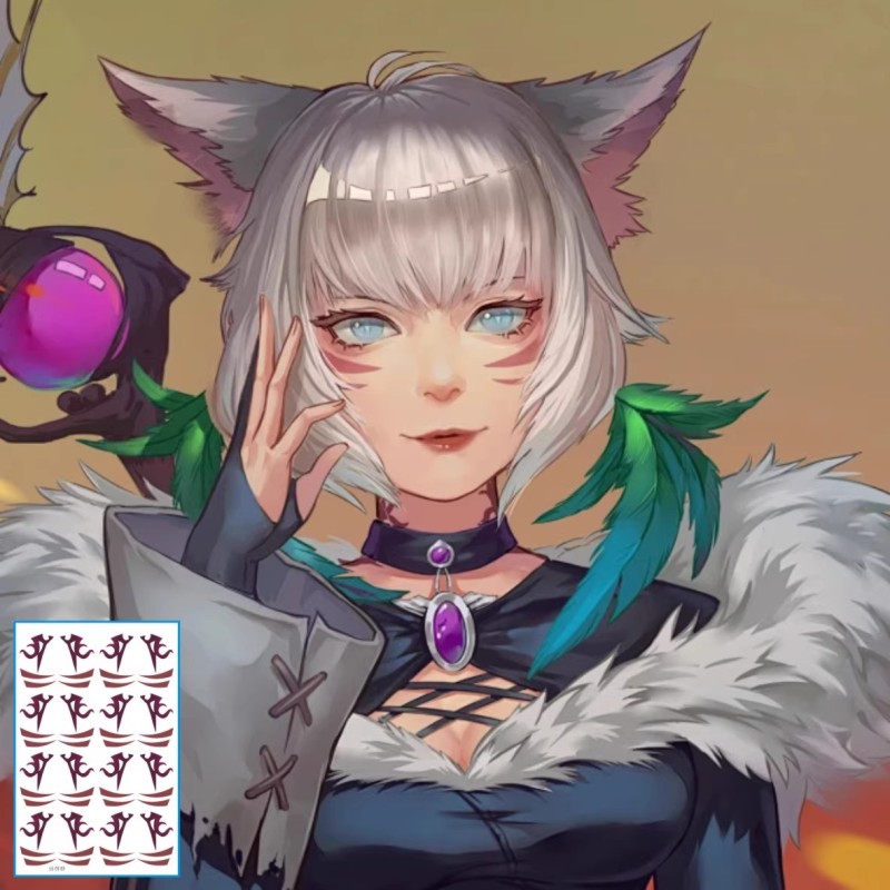 FF14最终幻想雅修特拉猫娘纹身贴雅喵漫展脸贴COS 一次性防水包邮