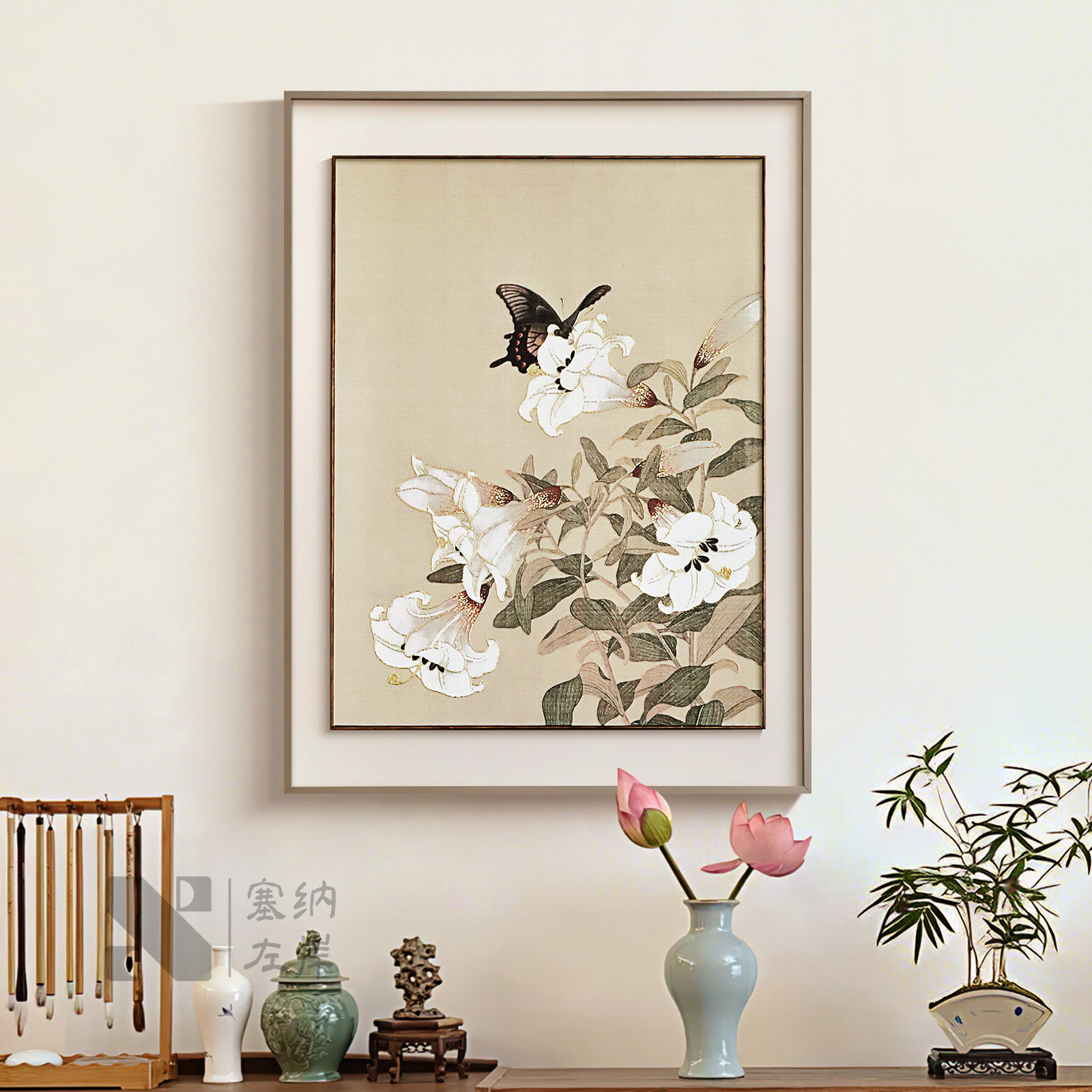 蝶上百合》塞纳宋氏美学客厅挂画入户玄关肌理装饰画新中式花卉画