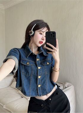 复古polo领短袖衬衫女夏短款宽松牛仔外套百搭蓝色不规则下摆上衣