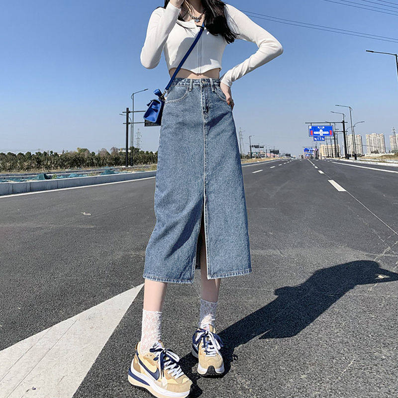 韩版高腰复古前开叉牛仔半身裙女小个子显瘦遮胯a字中长款包臀裙