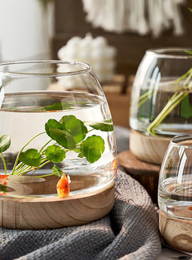 透明玻璃鱼缸创意圆形办公室木托斗鱼缸小型客厅家用生态小金鱼缸