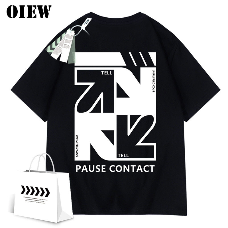 设计感ow全棉短袖t恤男潮牌ins黑白箭头印花半袖上衣大码宽松体恤