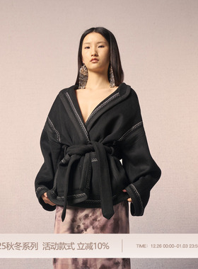 REFUSE CLUB 25AW 黑色羊绒刺绣束腰短外套