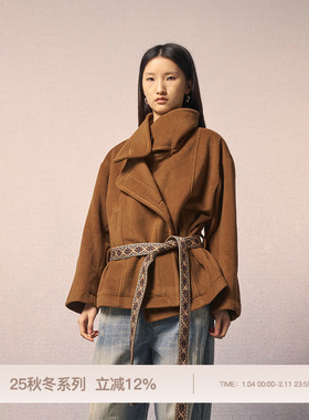 REFUSE CLUB 25AW 摩卡棕山羊绒束腰短廓大翻领大衣