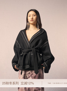 REFUSE CLUB 25AW 黑色羊绒刺绣束腰短外套