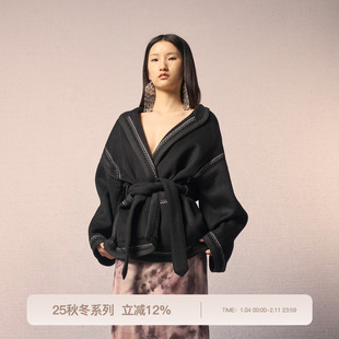 REFUSE CLUB 25AW 黑色羊绒刺绣束腰短外套