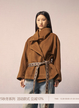 REFUSE CLUB 25AW 摩卡棕山羊绒束腰短廓大翻领大衣